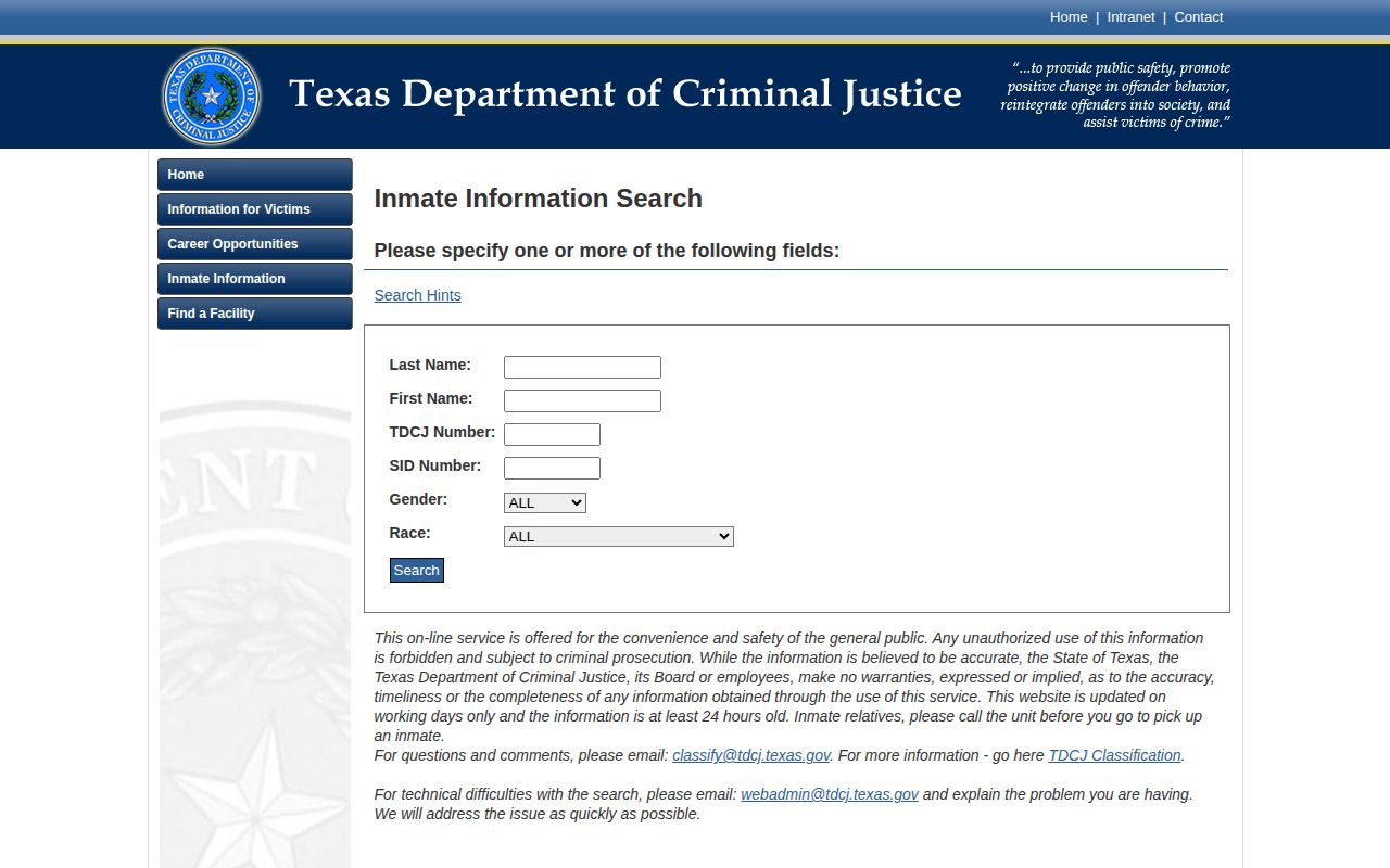 TDCJ current inmate fields for Dallam County release searches